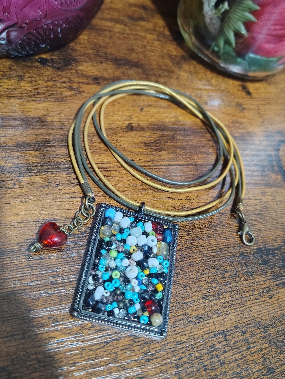 Beaded Mosaic Rectangle Pendant Necklace - Turquoise Multi-Color Pendant
